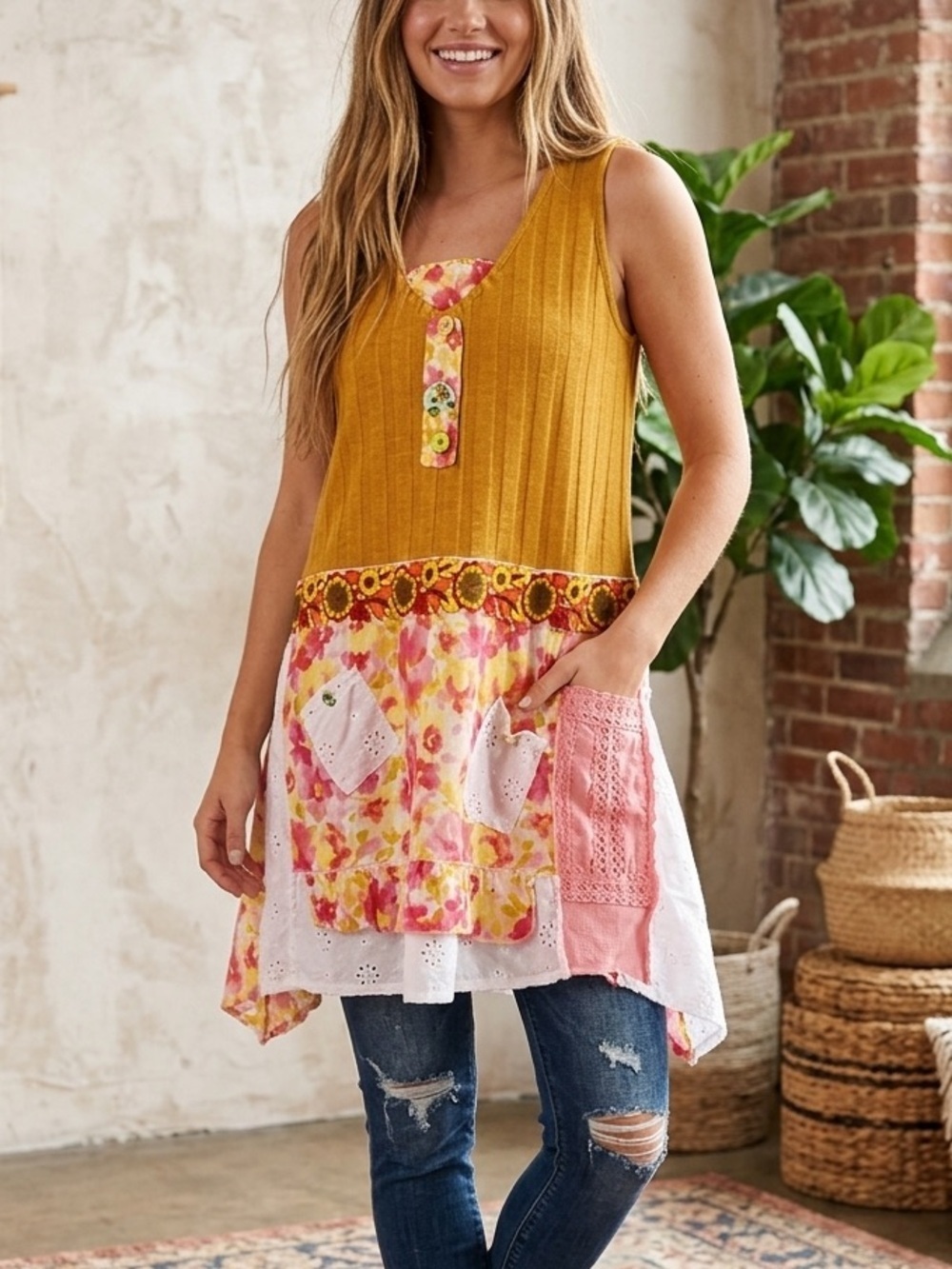 Handmade Patchwork Floral Tunic Top Large